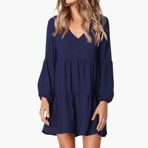 Navy V-Neck Tiered Long Sleeve Dress